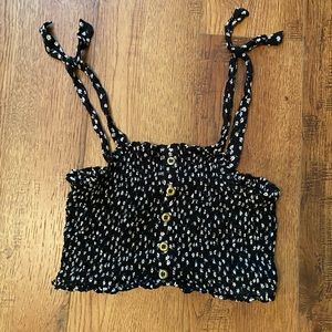 Patrons of Peace - black flowered cropped tank with tie sleeves, size medium
